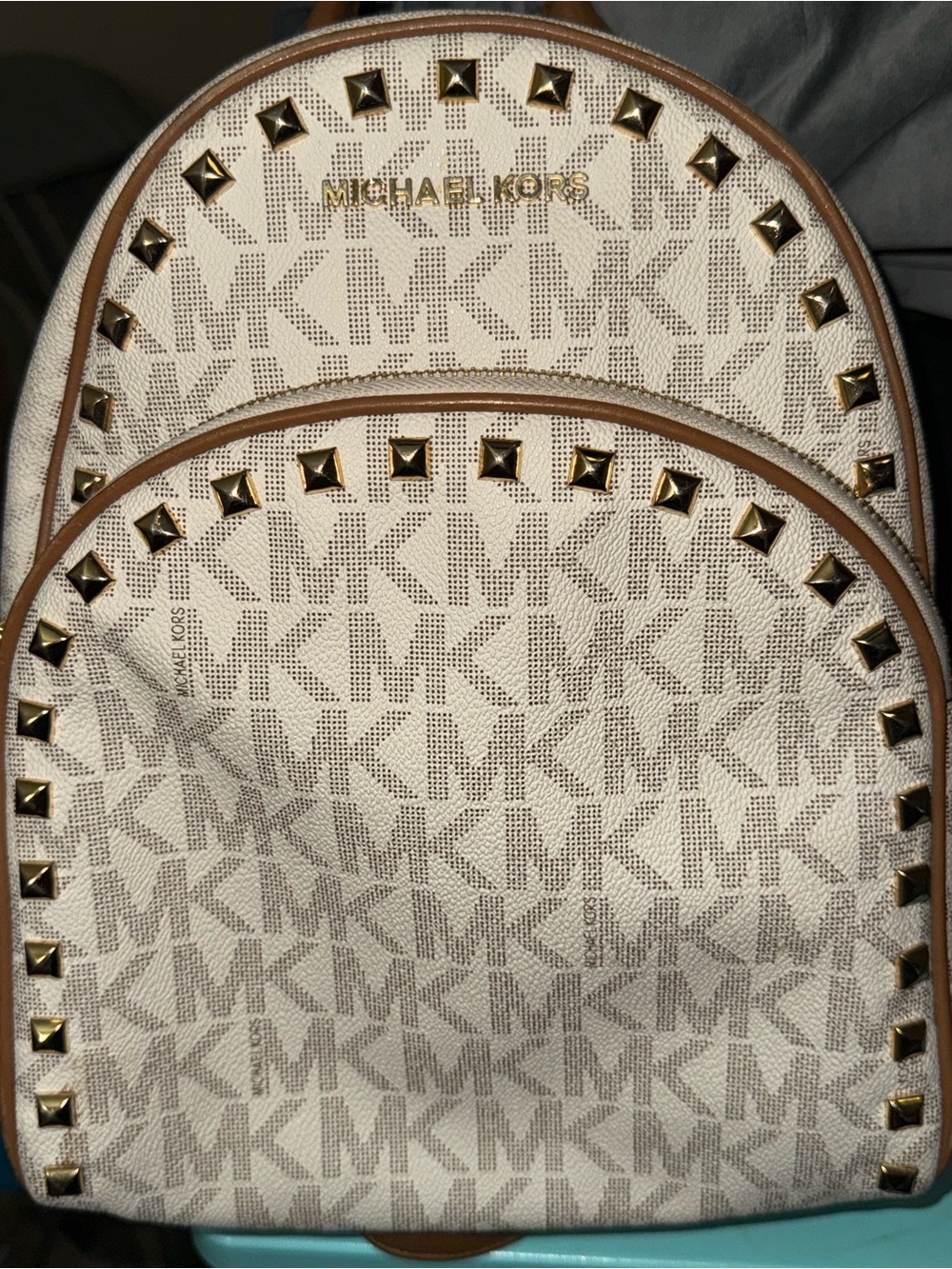 MICHAEL Michael Kors Cream and Tan MK Logo Studded Backpack